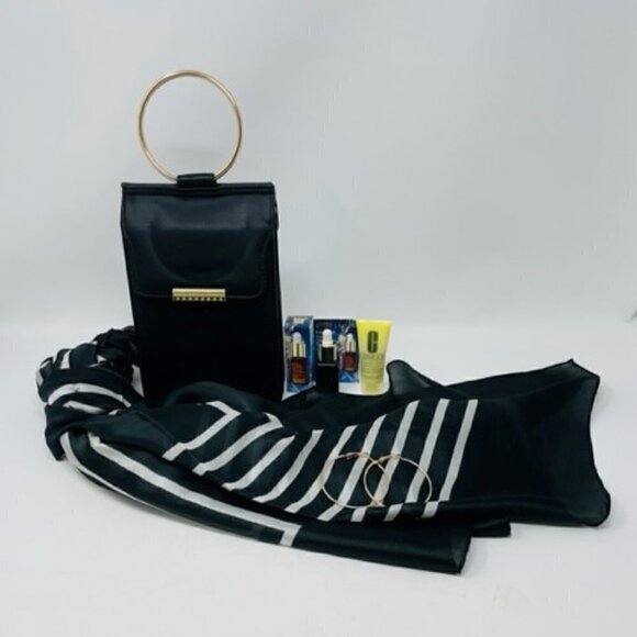 5 piece set- purse, scarf, earrings, Clinique moisturizer, ELauder serum - Picture 1 of 4